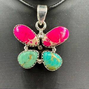 Pink Sea Sediment Jasper & Turquoise Necklace Pendant Sterling Silver 925